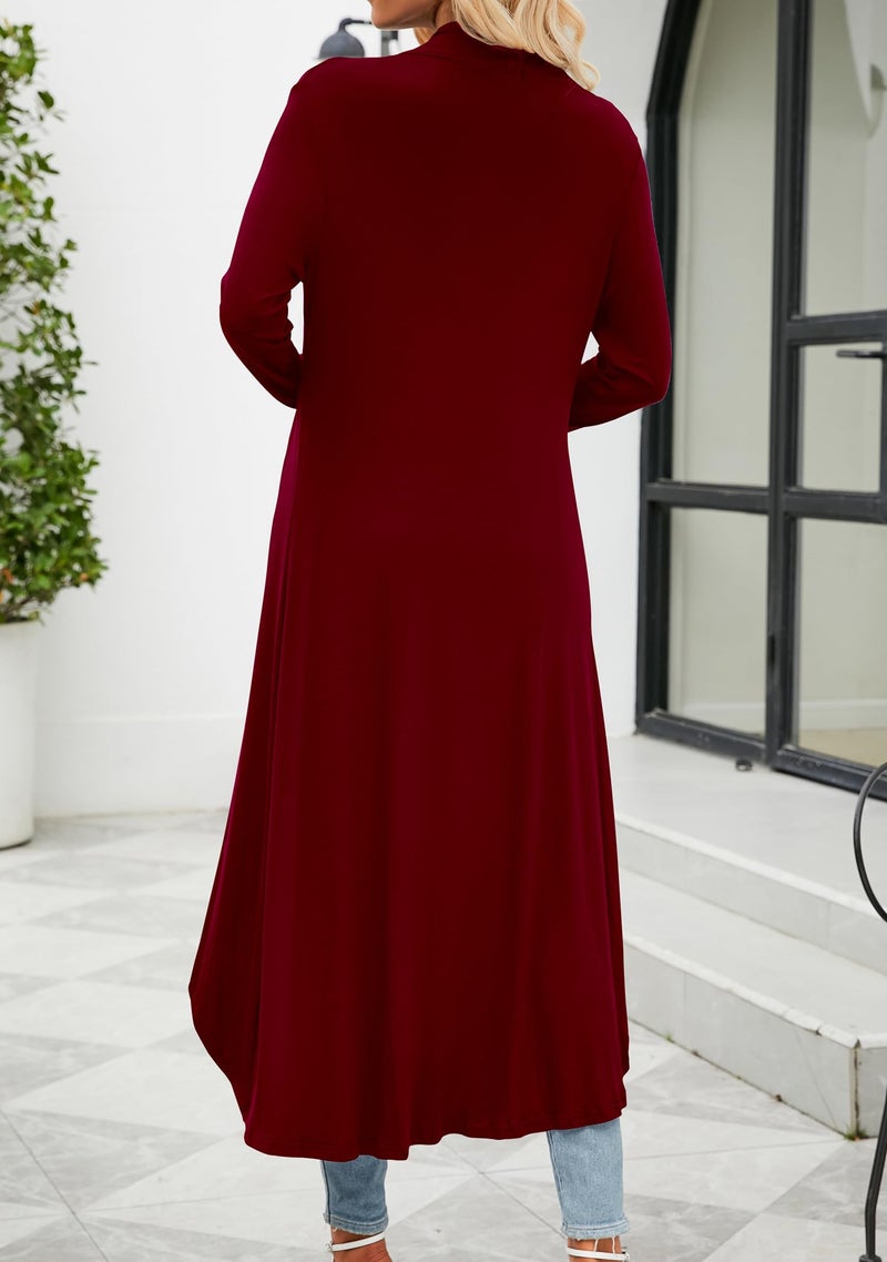 POGTMM Women's Long Open Front Drape Lightweight Duster High Low Hem Maxi Long Sleeve Cardigan (Wine Red, S) - Image 4